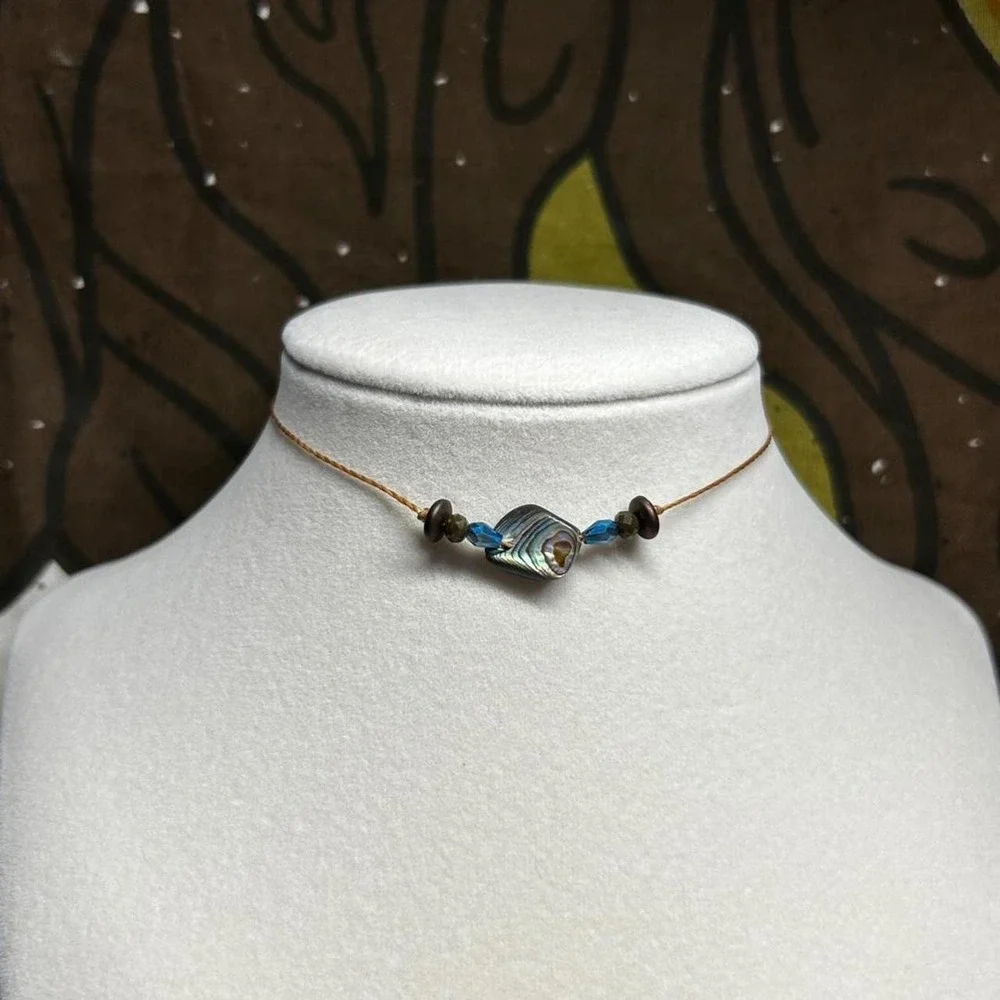 Abalone dainty necklace cord czech glass beachy adjustable blue cottagecore boho